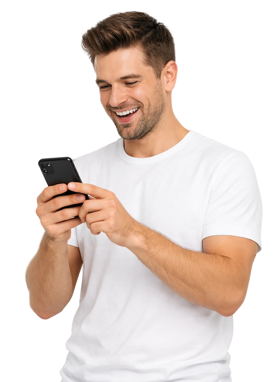 Smiling man in a white T-shirt using his phone