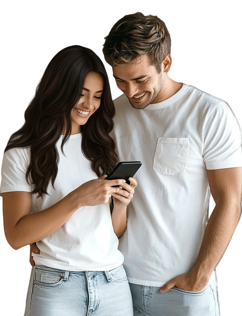 Young couple looking at a phone together